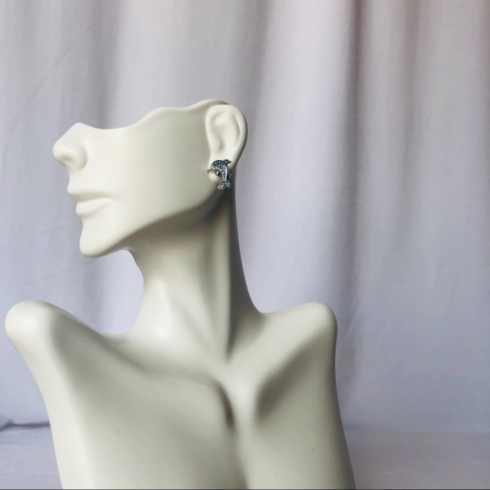 Dolphin crystal rhinestone silver earrings, New - Picture 13 of 14